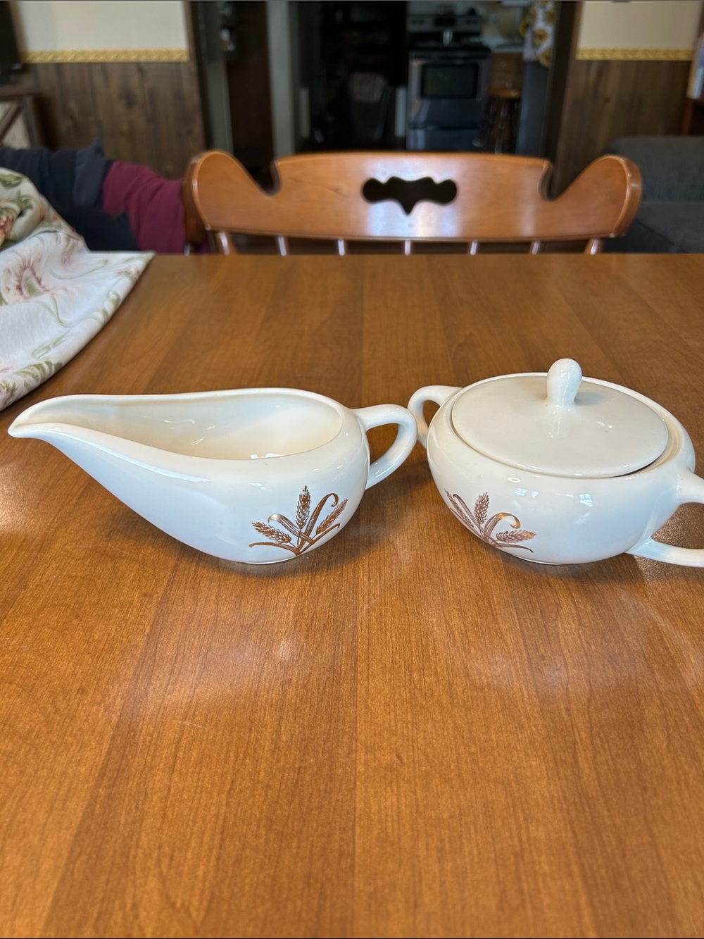 Vintage Cream Ceramic Sugar Bowl with lid  & Gravy Boat with Wheat Motif